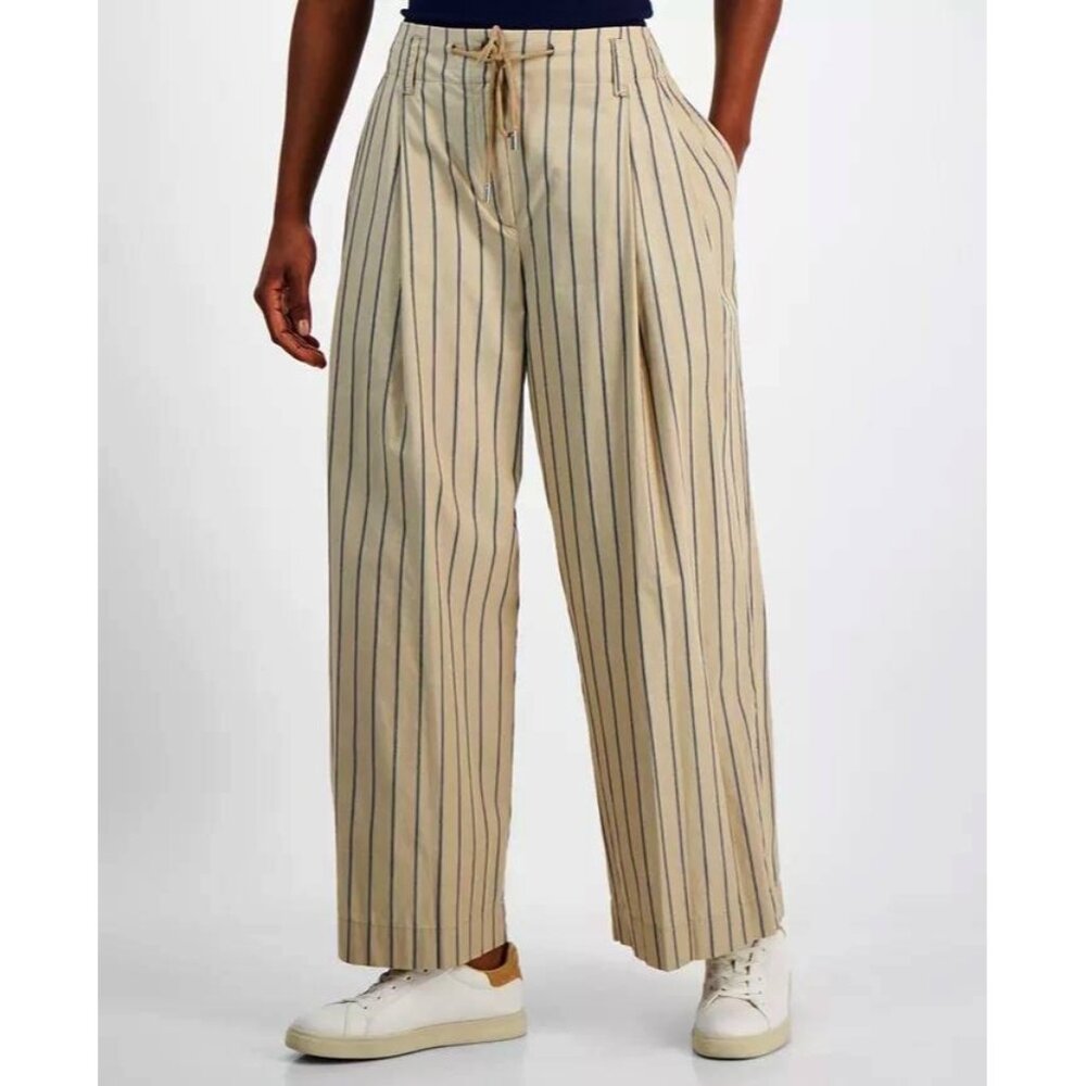 Nautica Jeans Striped Pleat-Front Wide-Leg Trousers Light Brown Size S MSRP $90